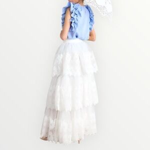 AURA White Lace Tiered Full Maxi Skirt Size Small Elastic Waist Pullon